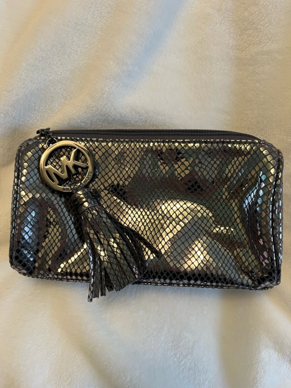 Michael Kors Iridescent Black Snake-Embossed top zip… roomy for travel